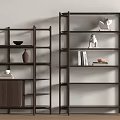 Modern Dark Wooden Bookshelves With Decorative Vases Sculptures And Books