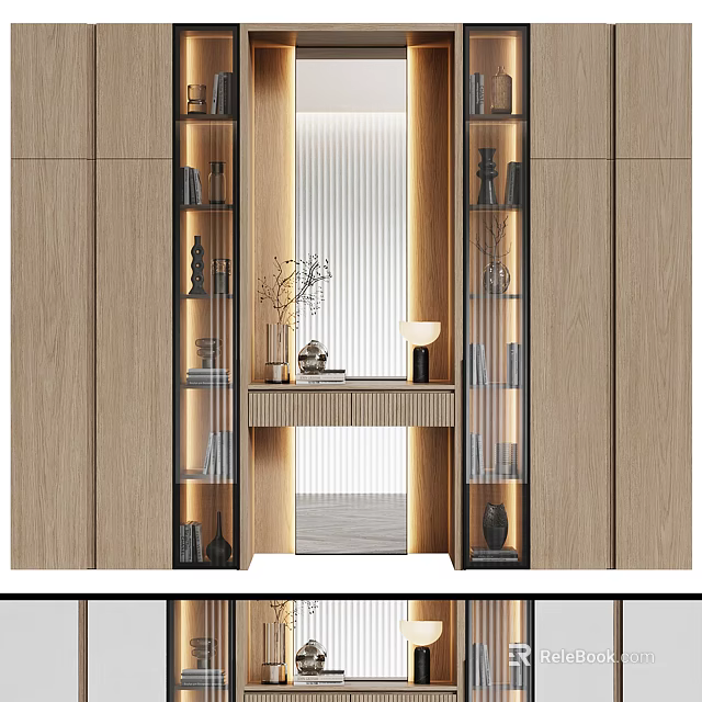 Modern Wooden Display Cabinet with Glass Doors Built-in Lighting and Decorative Items 3d model 