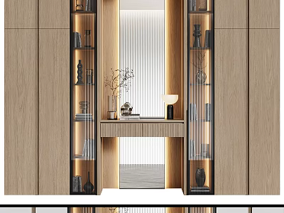 Modern Wooden Display Cabinet with Glass Doors Built-in Lighting and Decorative Items 3d model