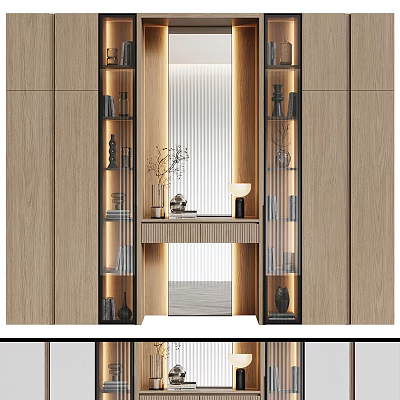Modern Wooden Display Cabinet with Glass Doors Built-in Lighting and Decorative Items 3d model