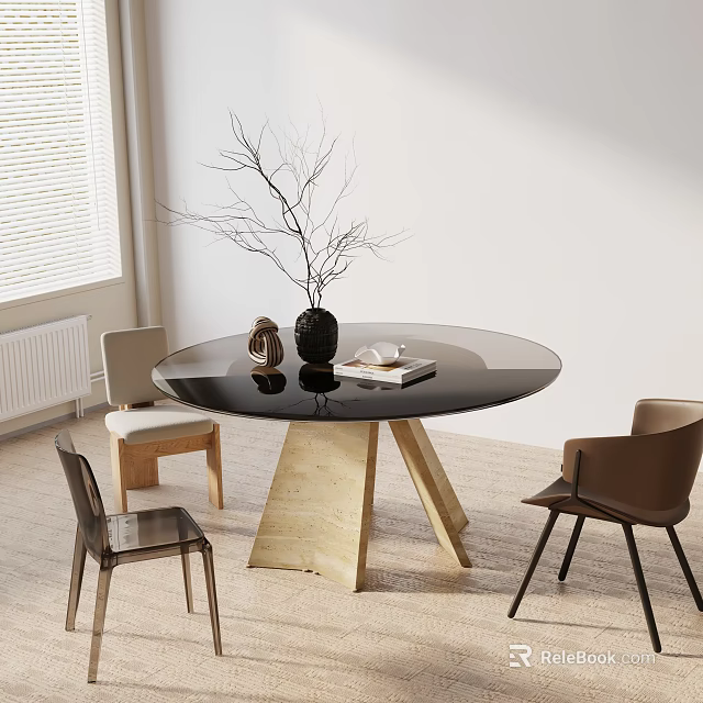 Round Black Glass Dining Table Set with Triangular Wooden Legs and Three Mixed Material Chairs 3d model 