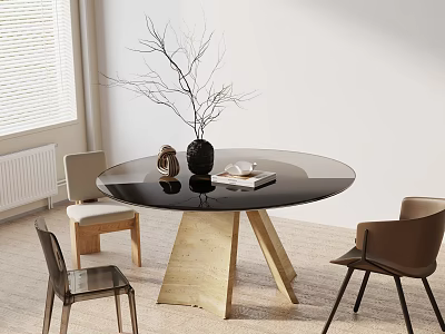 Round Black Glass Dining Table Set with Triangular Wooden Legs and Three Mixed Material Chairs 3d model