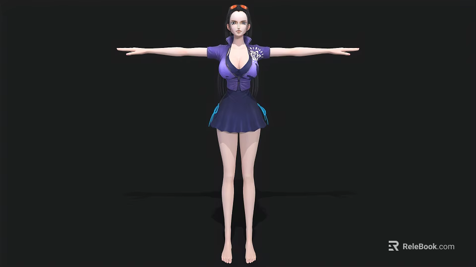 Woman with arms outstretched in purple and blue outfit standing against black background 3d model 