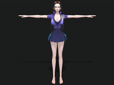 Woman with arms outstretched in purple and blue outfit standing against black background 3d model
