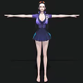 Woman with arms outstretched in purple and blue outfit standing against black background