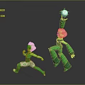 Two Small and Large Green Characters Running Jumping Holding White Ball