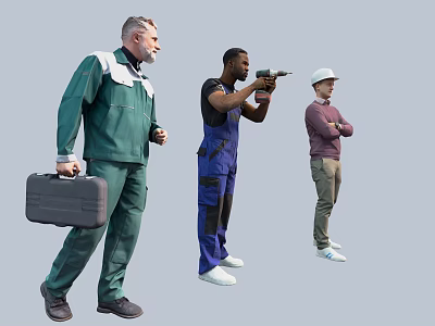 Group of workers carrying toolbox using power drill wearing safety helmet standing with arms crossed 3d model
