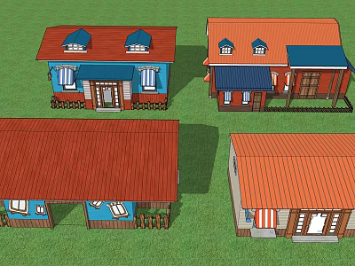 Colorful Small Houses With Various Roof Styles And Detailed Architectural Features 3d model