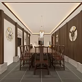 Chinese Style Teahouse Interior With Wooden Structure Long Tables And Tea Sets