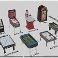 Indoor Amusement Equipment Collection Featuring Jukebox Air Hockey Foosball And Table Basketball Games