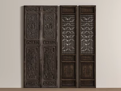 Traditional Wooden Hinged Doors With Intricate Carved Patterns And Classic Panel Design 3d model