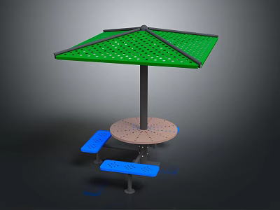 Outdoor Round Table With Green Umbrella And Blue Benches For Patio Seating 3d model