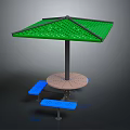 Outdoor Round Table With Green Umbrella And Blue Benches For Patio Seating