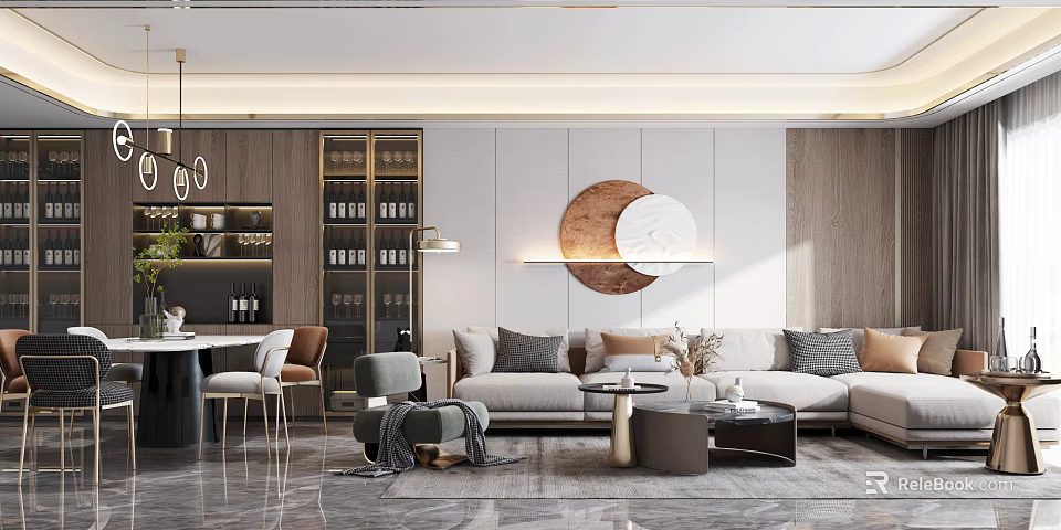 Modern Living and Dining Room Interior With Sofa Coffee Table And Round Wall Decor 3d model 