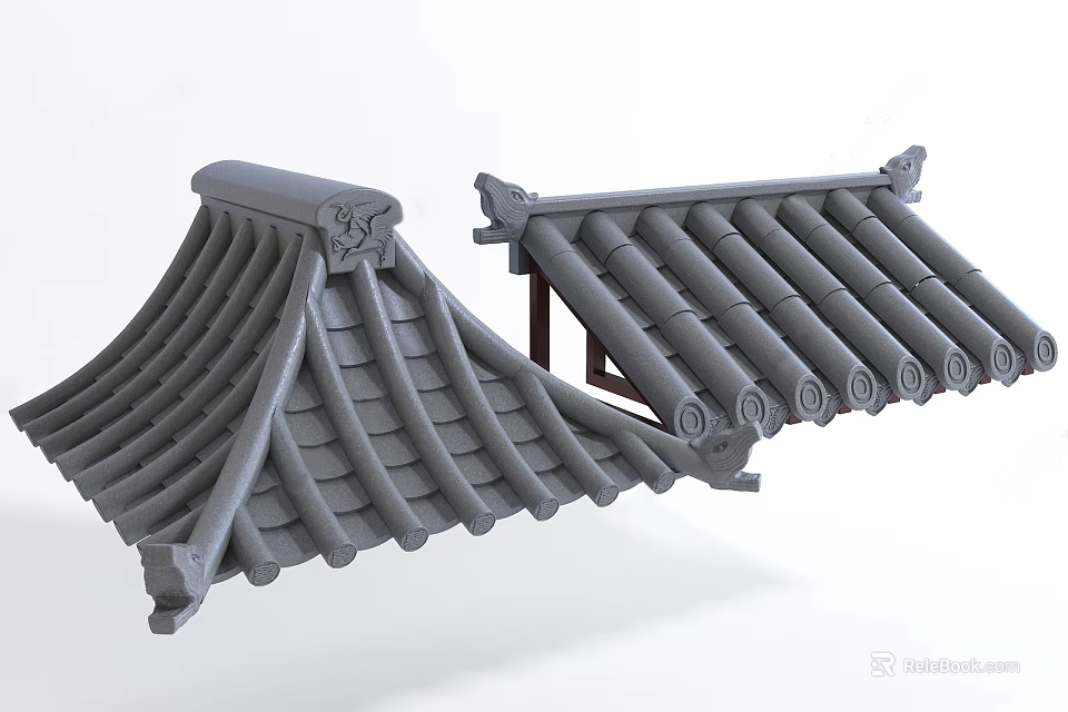 Traditional Chinese Roof Components With Curved Tiles And Decorative Eaves 3d model 