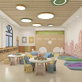 Vibrant Kindergarten Interior with Colorful Mats Round Cushions Green House Bookshelves Cartoon Decor Arched Windows