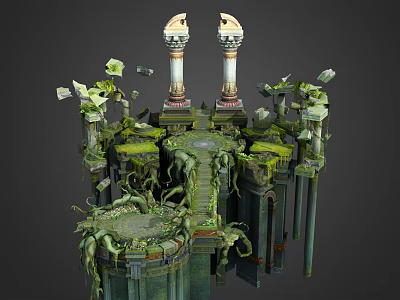 Cartoon Scene Of Overgrown Ancient Ruins With Vines And Mossy Pillars 3d model