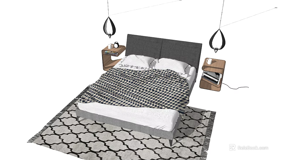Modern Double Bed with Gray Headboard Checkered Blanket Pillows Nightstands Hanging Lights and Patterned Rug 3d model 