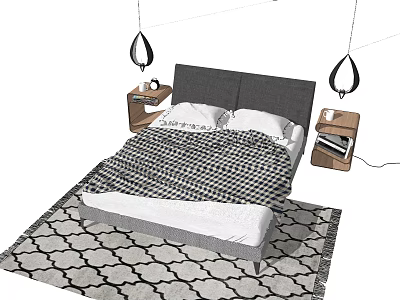 Modern Double Bed with Gray Headboard Checkered Blanket Pillows Nightstands Hanging Lights and Patterned Rug 3d model