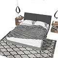 Modern Double Bed with Gray Headboard Checkered Blanket Pillows Nightstands Hanging Lights and Patterned Rug
