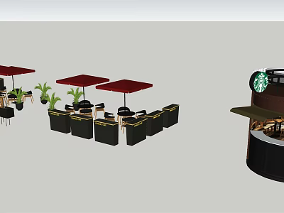 Outdoor Restaurant Seating Area With Red Umbrellas And Black Tables Chairs 3d model