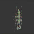 High Voltage Electricity Pylon Metal Structure With Multiple Antennas And Power Lines 3d model