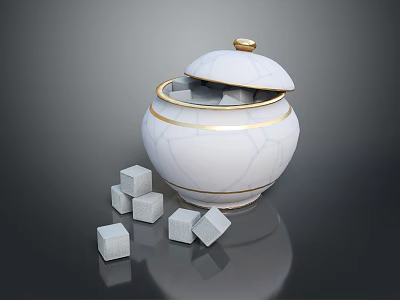 White Decorative Jar With Gold Trim Lid And Gray Cubes For Home Use 3d model