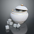 White Decorative Jar With Gold Trim Lid And Gray Cubes For Home Use