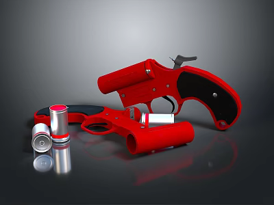 Red Revolver Handgun With Bullets Placed On Shiny Surface Showing Reflection 3d model