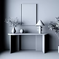 Modern White Stone Console Table With Abstract Painting Green Plants And Wooden Floor