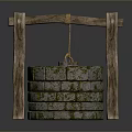 Modern Outdoor Space Featuring Ancient Well With Mossy Stone Structure And Wooden Supports