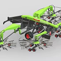 Green Agricultural Hay Rake Machinery With Multiple Rotary Tine Arms And Red Wheels