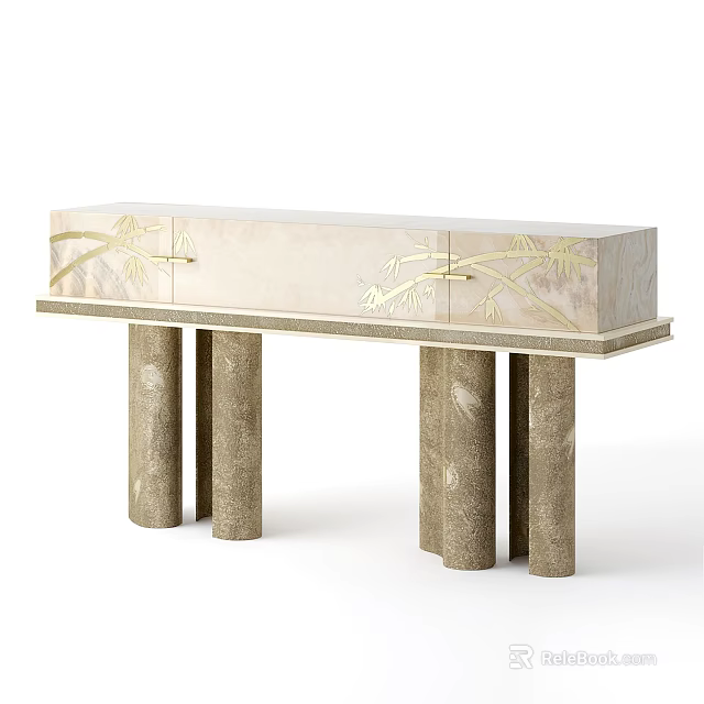 Elegant Marble Console Table With Gold Leaf Decoration And Cylindrical Legs 3d model
