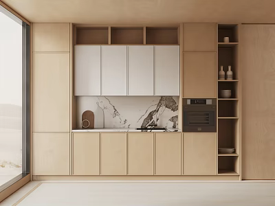 Modern Kitchen Interior Featuring Light Wood Cabinets White Upper Units And Marble Countertop 3d model