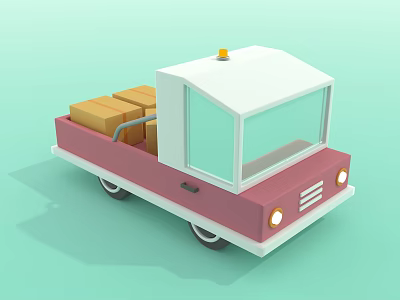 Pink White Truck With Yellow Warning Light And Brown Cargo Boxes 3d model