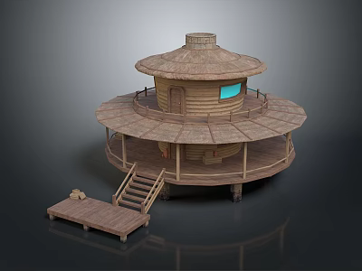 Circular Wooden Two Story Cabin Featuring Conical Roof Terrace Staircase And Small Window 3d model