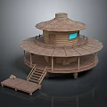 Circular Wooden Two Story Cabin Featuring Conical Roof Terrace Staircase And Small Window