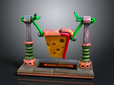 3D Model of Cheese Block Supported by Green Brackets Springs and Wooden Base 3d model