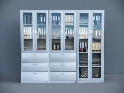 White Metal Bookcase With Glass Doors Storage Drawers And File Folders Inside 3d model