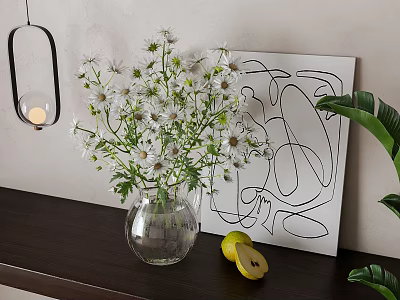 Glass Vase With White Flowers And Yellow Pear On Wooden Shelf With Line Art 3d model