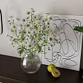 Glass Vase With White Flowers And Yellow Pear On Wooden Shelf With Line Art