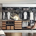 Modern Walk in Closet Design With Wooden Cabinets Marble Backdrop Drawers And Hanging Clothes