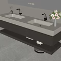 Modern Bathroom Double Vanity Sink With White Countertop Dark Cabinet And Flower Vase