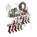 Festive Christmas Decorative Ornament Set with Stockings Stars Mini Houses and Wreath