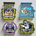 Public Facility Neon Signage Featuring Samurai Shooter Dragon Wolves Themed Colorful Designs