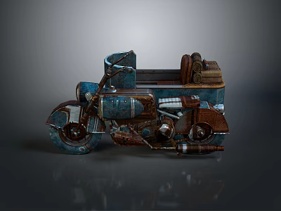 Vintage Blue Brown Motorcycle with Sidecar Rusty Texture and Brown Bags 3d model