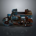 Vintage Blue Brown Motorcycle with Sidecar Rusty Texture and Brown Bags