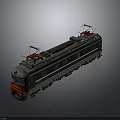 Electric Green and Gray Train Model with Red Pantographs on Top Displayed with Reflective Surface 3d model