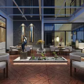 Modern Chinese Restaurant Lobby With Chandeliers Tables Chairs Wooden Floor And Decorative Paintings