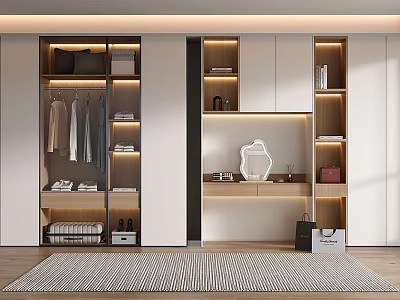Modern Wardrobe Interior Design With Open Shelves Hanging Rods Built in Lighting And Decorative Mirror 3d model